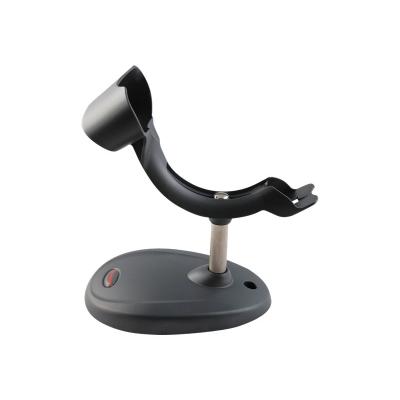 Ein schwarzer Halter für Barcode-Scanner, aus Kunststoff, mit stabilem Sockel und einer Halterung zur sicheren Befestigung des Scanners.