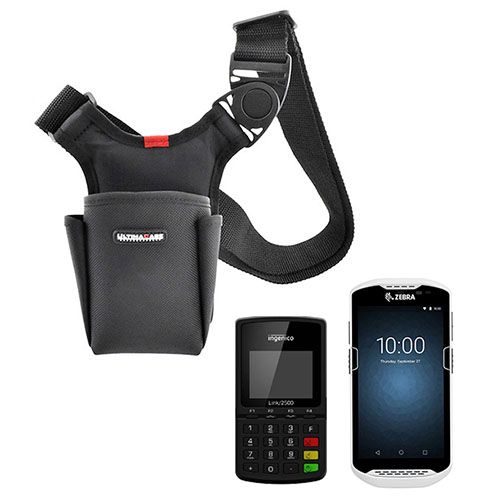 Mobiles Kartenzahlungssystem mit schwarzer Gürteltasche, Kreditkartenterminal und Zebra-Smartgerät