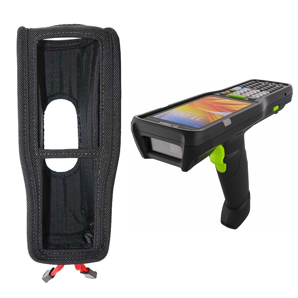 Ein ergonomischer Handscanner neben einer robusten Schutzhülle, ideal für den industriellen Gebrauch.