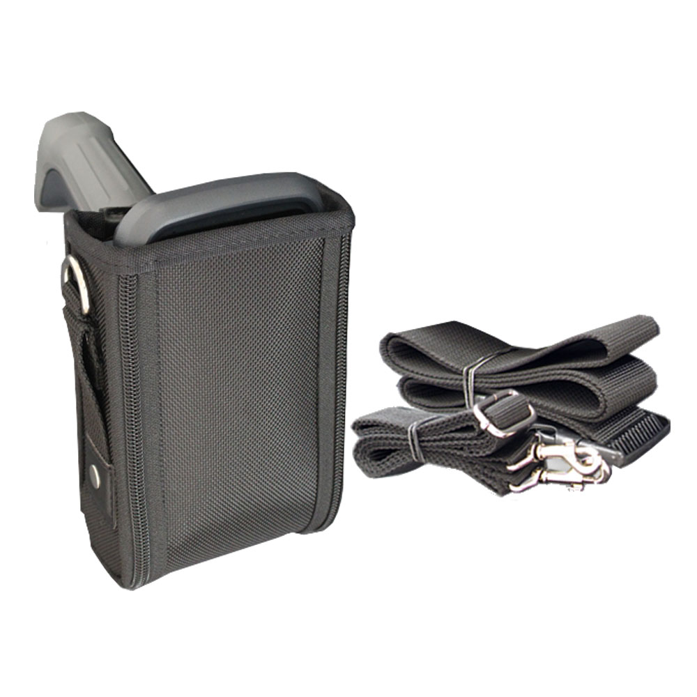 Abgebildet ist eine schwarze Werkzeugtasche aus strapazierfähigem Material mit einer grauen Oberfläche. Daneben liegen verstellbare Gurte mit Metallverschlüssen.