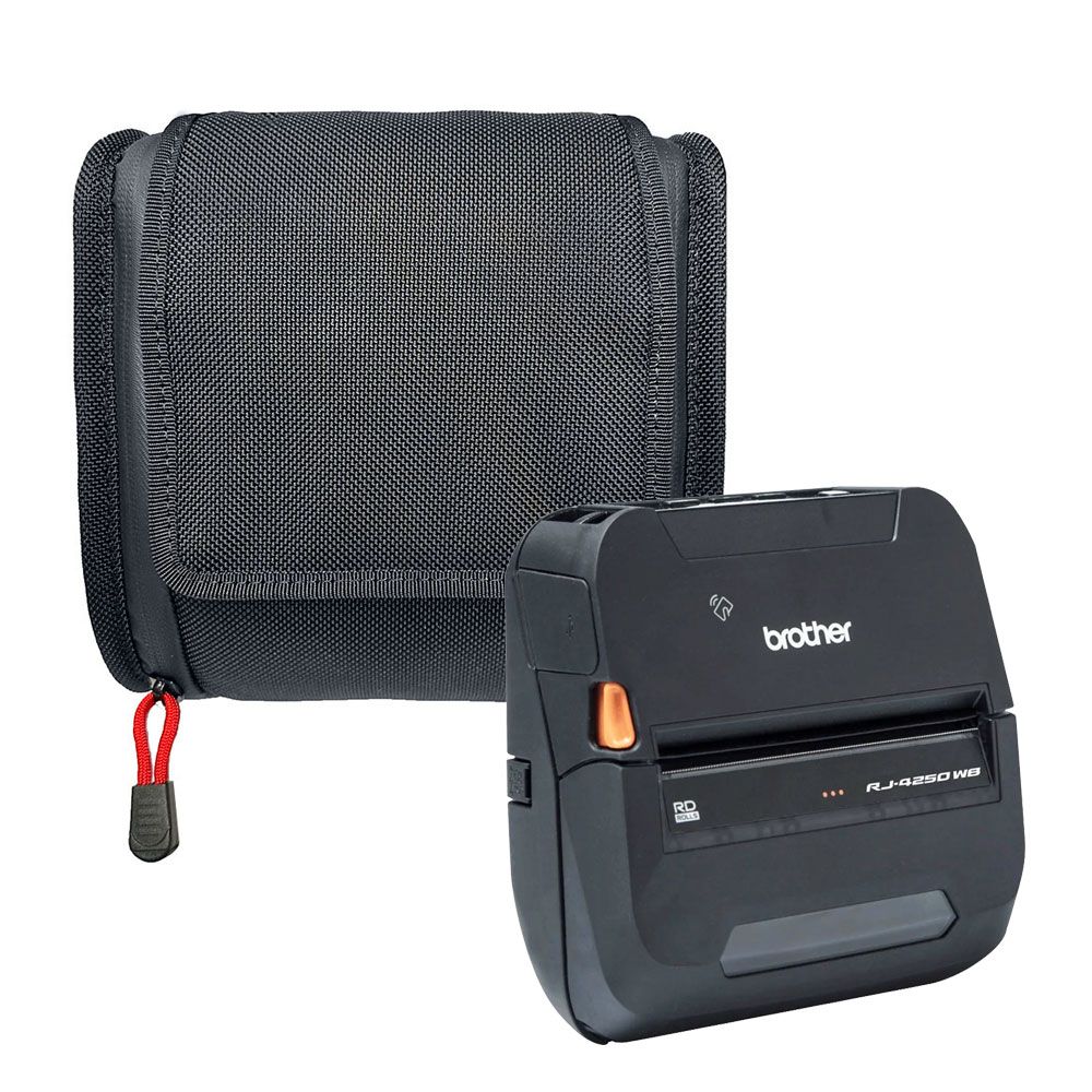 Mobiler Etikettendrucker Brother RJ-4250WB mit schwarzer Tragetasche im Hintergrund