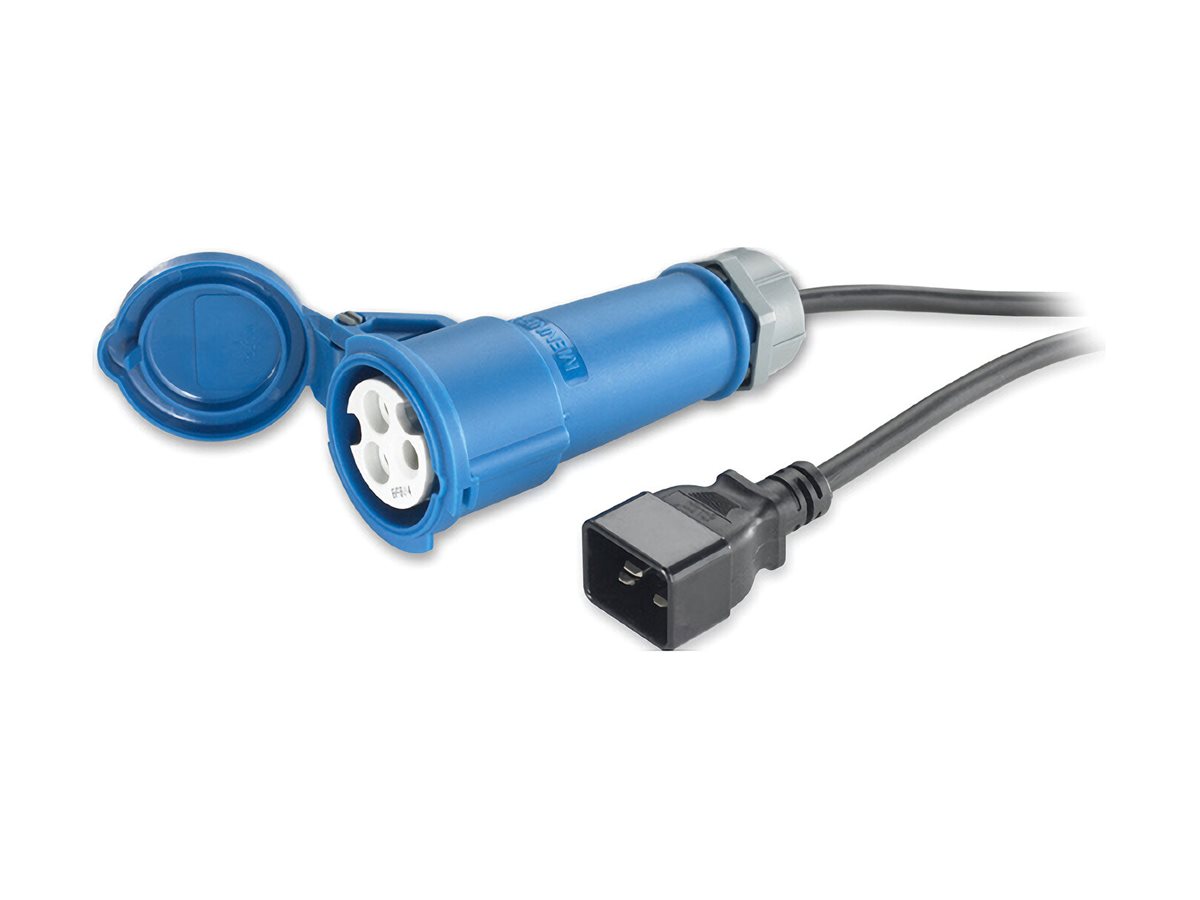 Blaues CEE Adapterkabel mit Schutzkappe und schwarzem Stromstecker