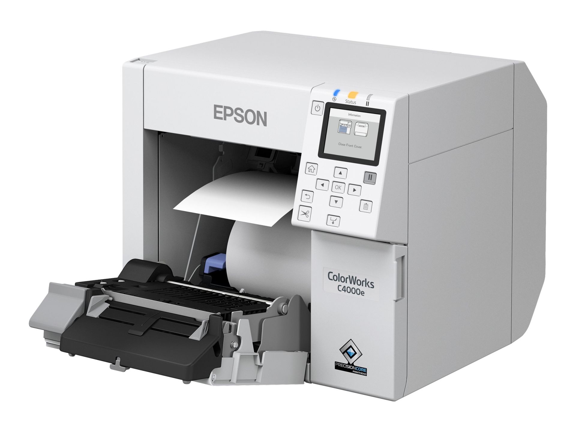 Seitenansicht des Epson ColorWorks C4000e Farbdruckers mit geöffnetem Papierausgabefach