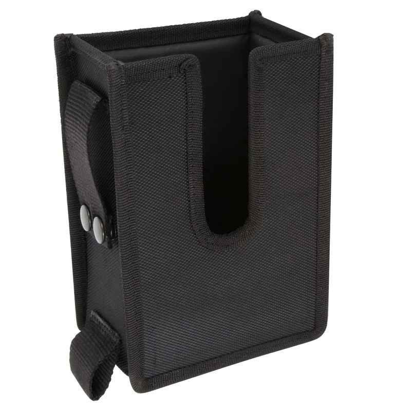 Eine schwarze Werkzeugtasche aus strapazierfähigem Nylon mit Klettverschluss und Druckknöpfen, ideal zur Befestigung an Gurten oder Werkzeugwagen.