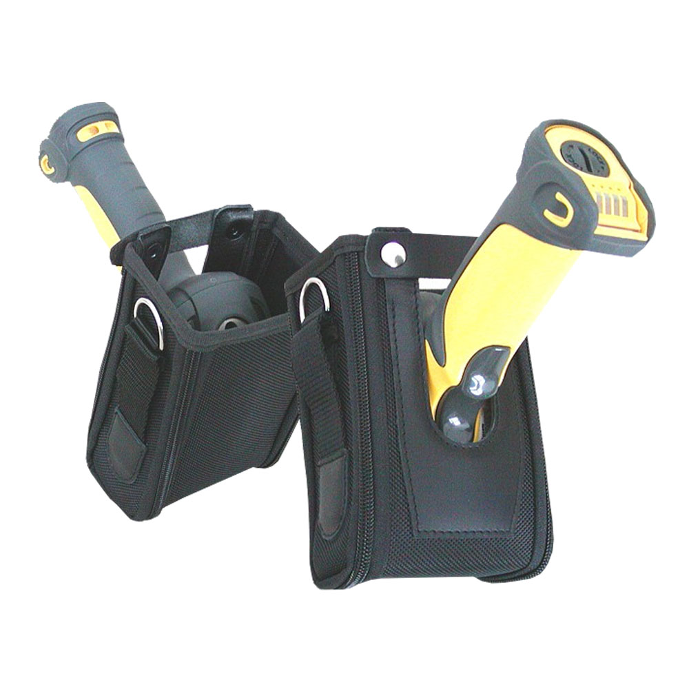 Zwei schwarze Taschenlampehalter aus robustem Material mit integrierter gelber Taschenlampe
