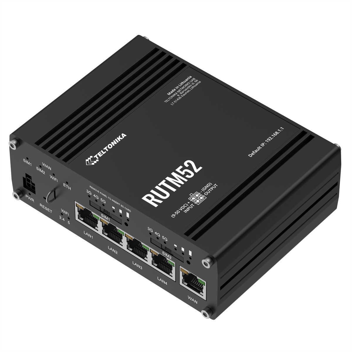 Schwarzer Teltonika RUTM52 Industrie-Router mit mehreren Ethernet-Anschlüssen und SIM-Karten-Slots