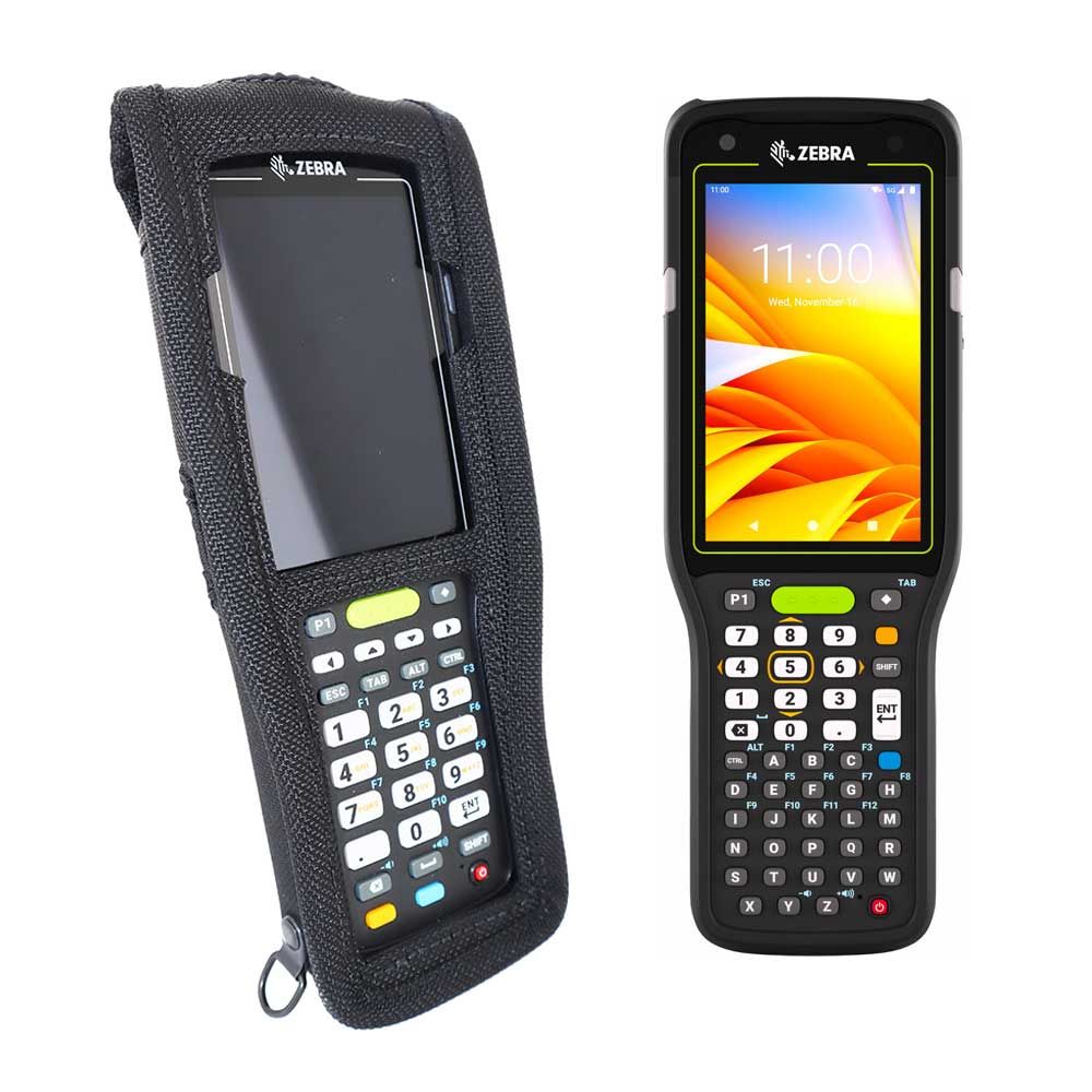 Zwei Zebra Mobilcomputer, ideal für Datenerfassung und Lagerverwaltung, mit Schutzhülle und Tastatur