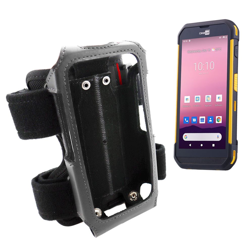 Ein robuster Handheld-PC neben einer schwarzen Schutzhülle mit Klettverschluss, ideal für den Außeneinsatz.
