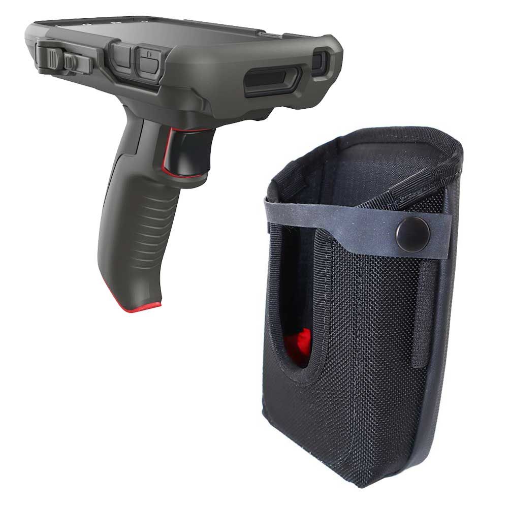 Ein robuster Handscanner mit ergonomischem Griff neben einer passenden schwarzen Tragetasche aus strapazierfähigem Material.