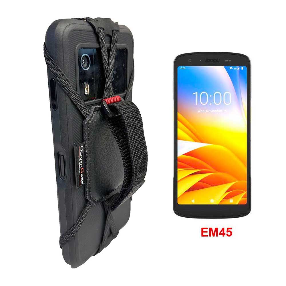 Smartphone EM45 in schwarzer Schutzhülle mit Handgriff vor hellem Display