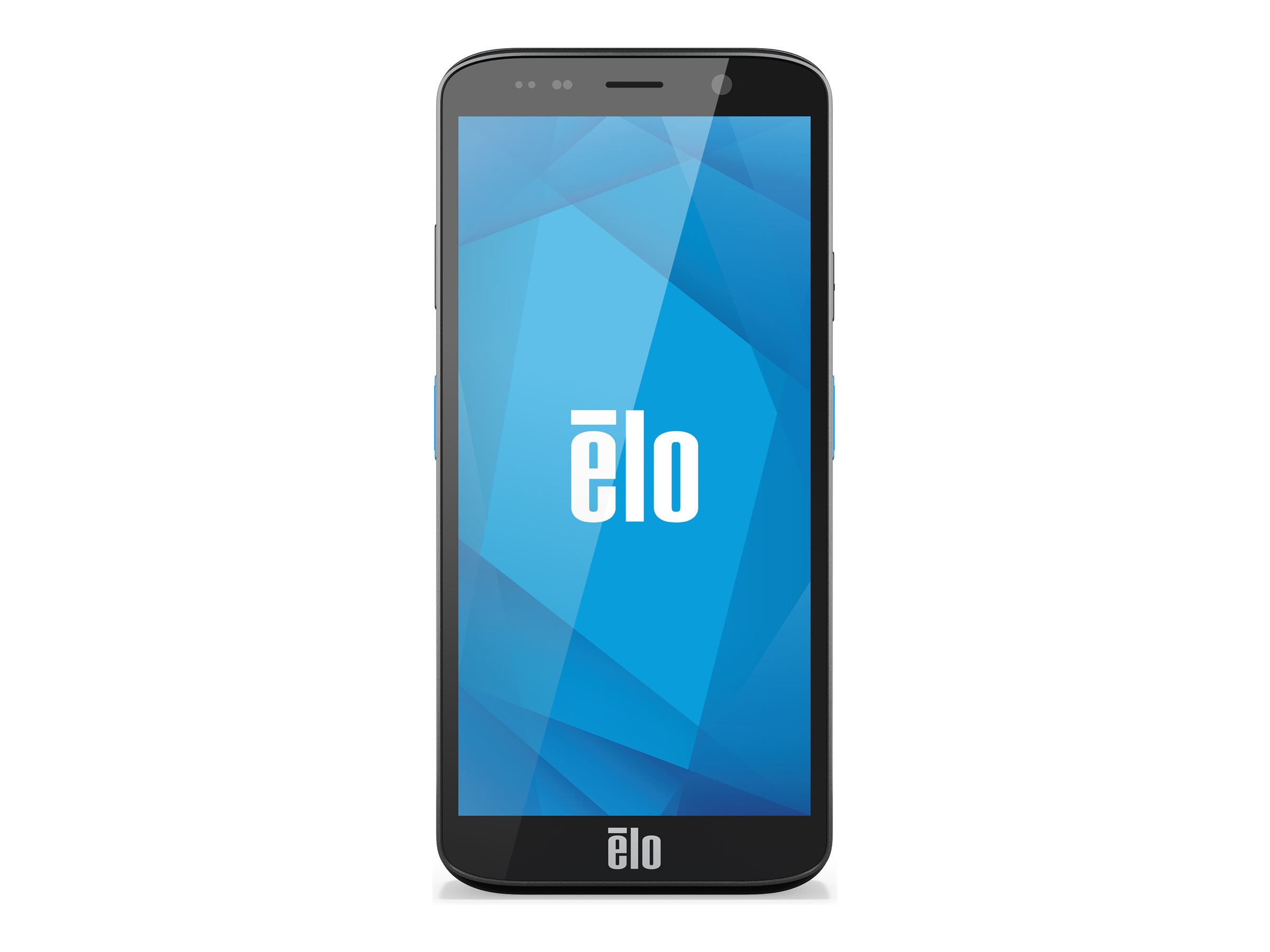 Elo Smartphone mit Touchscreen in der Vorderansicht, blaues Display mit Elo-Logo