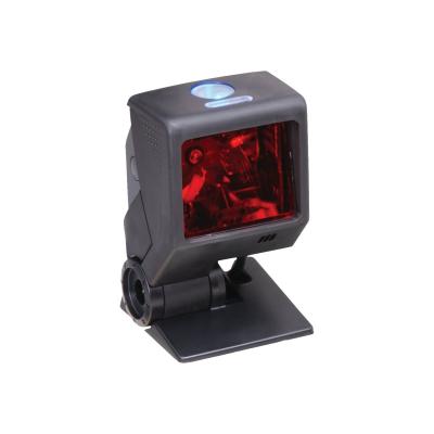Schwarzer Barcodescanner mit rotem Laserlicht, montiert auf einem Standfuß