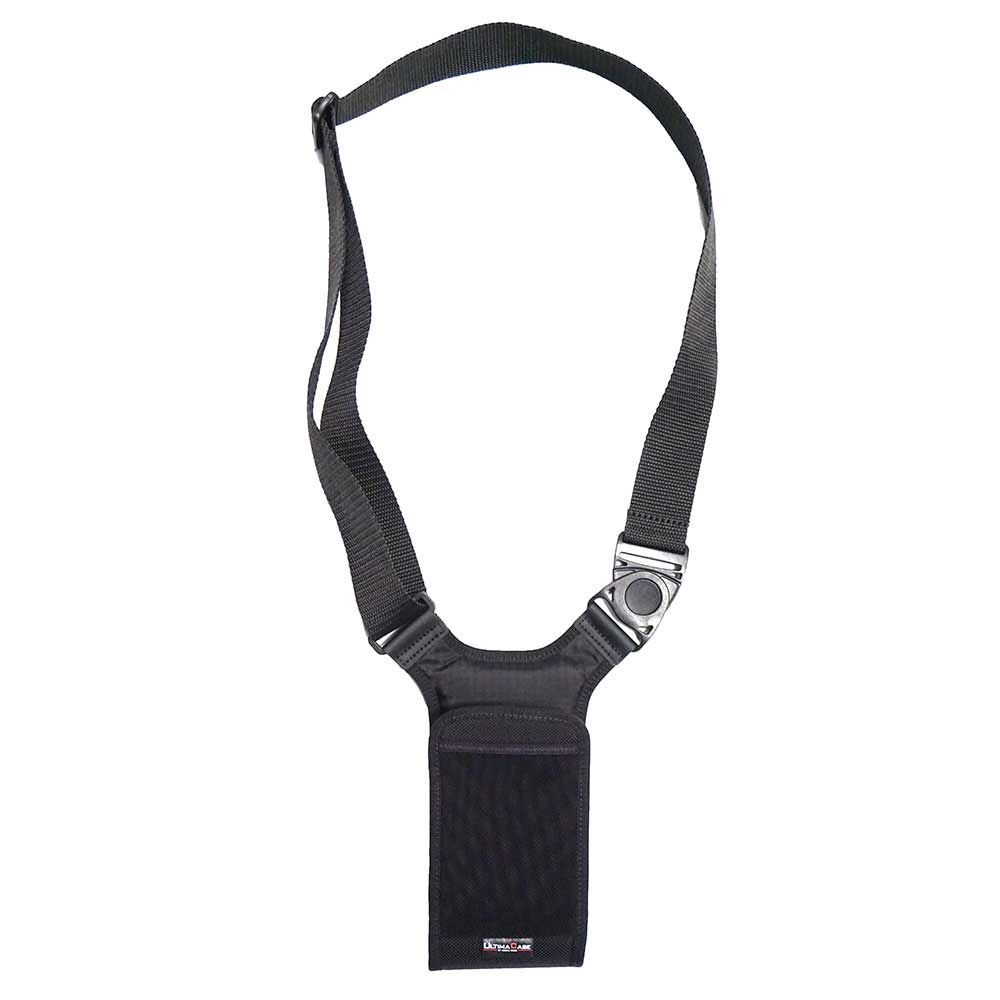 Ein schwarzer Nackenriemen mit einer kleinen Tasche, ideal für Kameras oder Zubehör