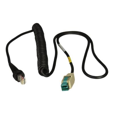 Schwarzes Spiralkabel mit RJ45-Stecker und USB-Anschluss, geeignet für Netzwerke und Datenübertragung