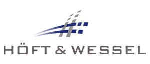 Logo von Höft & Wessel, mit stilisierten blauen und grauen Linien über dem Firmennamen.