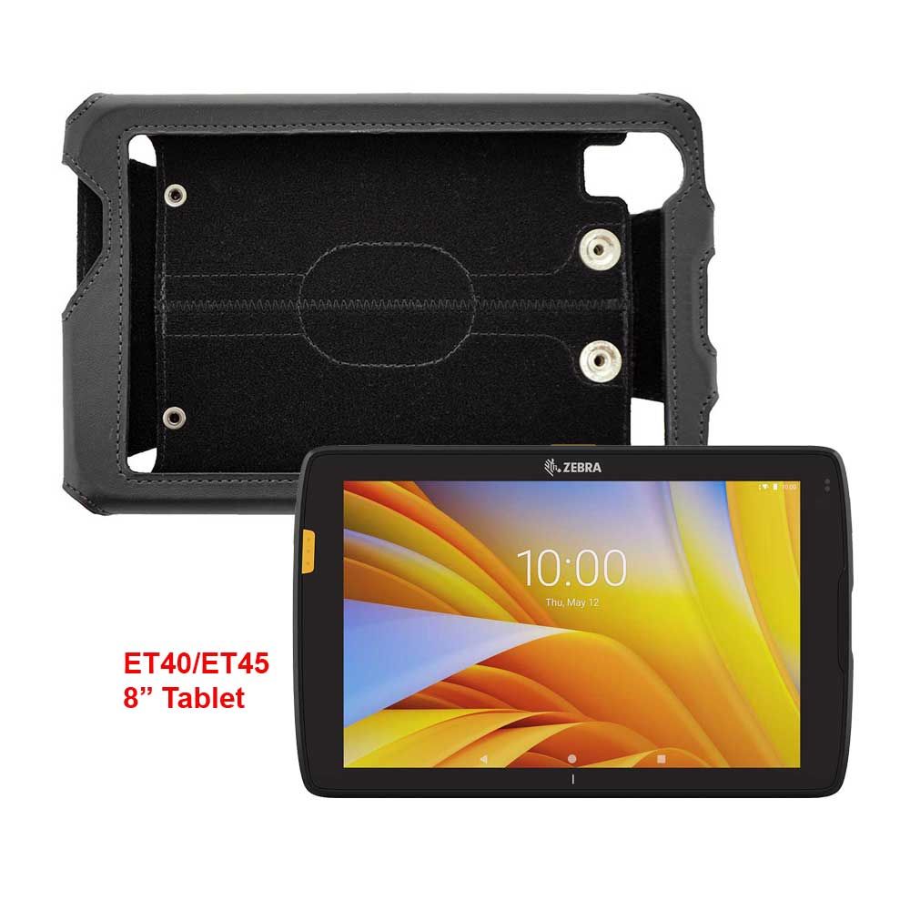 Tablet Zebra ET40/ET45 in schwarzer Schutzhülle, Vorder- und Rückansicht, 8 Zoll Bildschirm