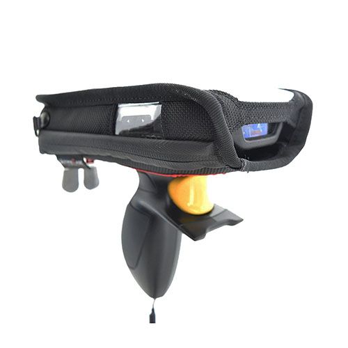 Seitliche Ansicht eines Handscanners mit schwarzer Schutzabdeckung und ergonomischem Griff